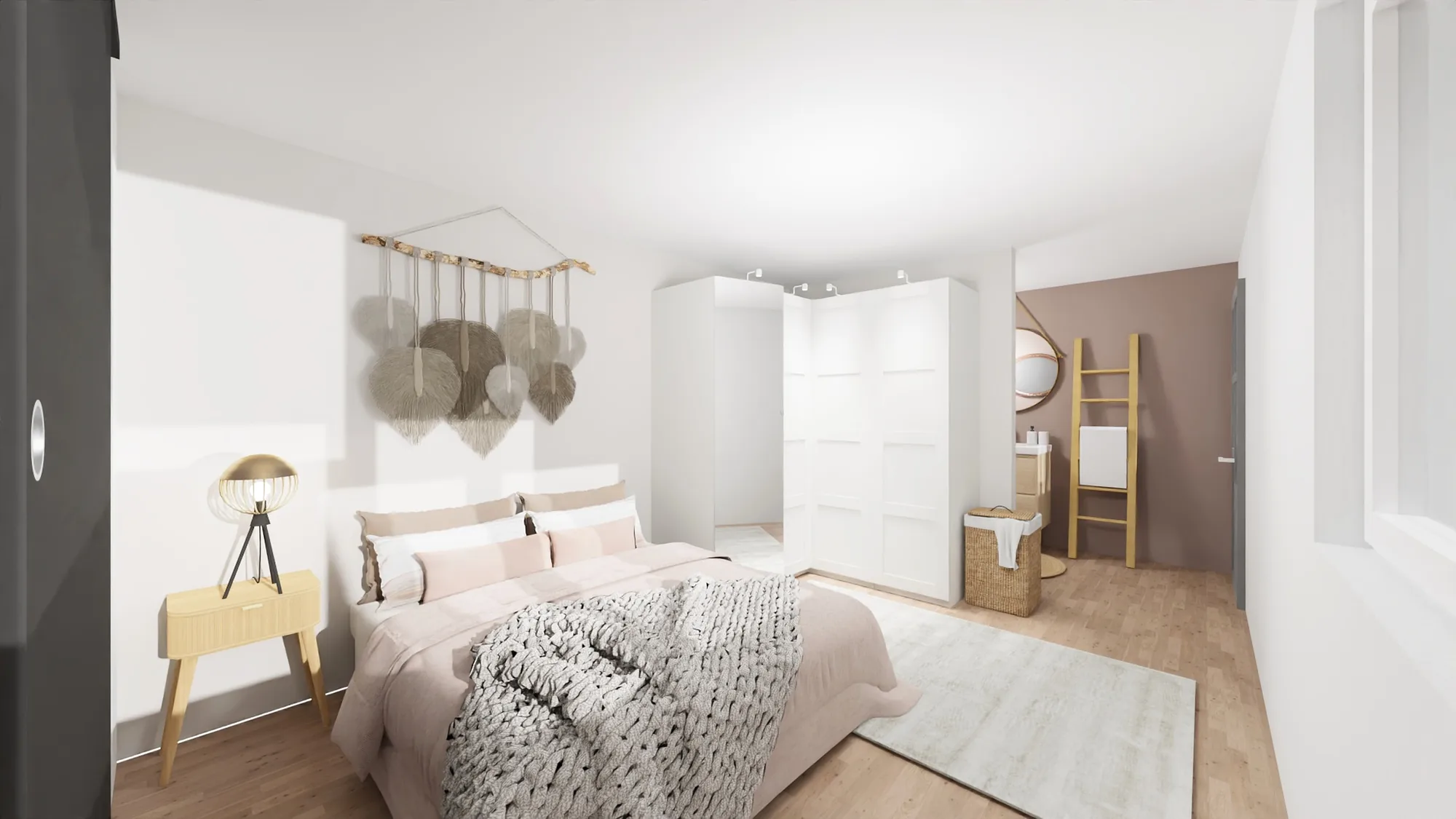 Chambre parentale aux tons poudrés, avec dressing et salle d'eau attenante