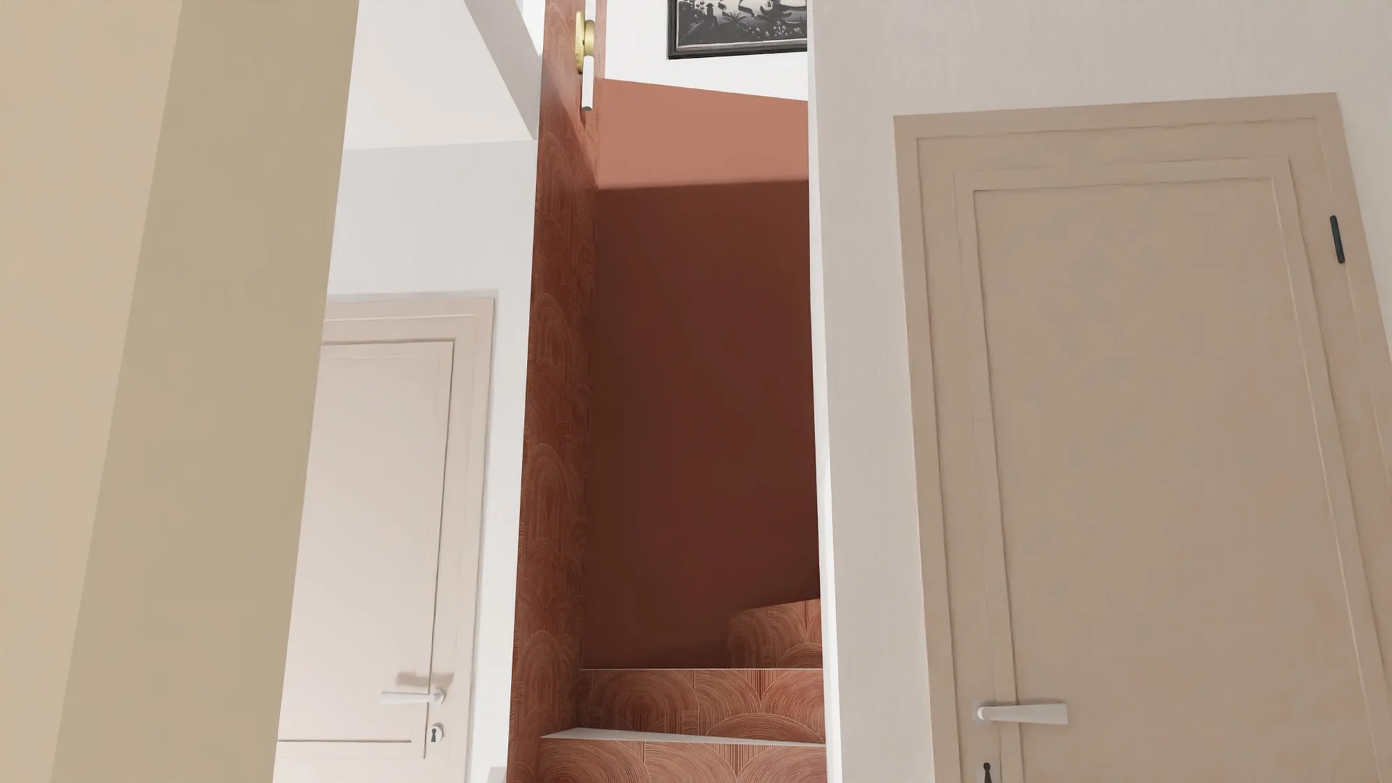 Détail du papier peint à motif d'arches dans la cage d'escalier