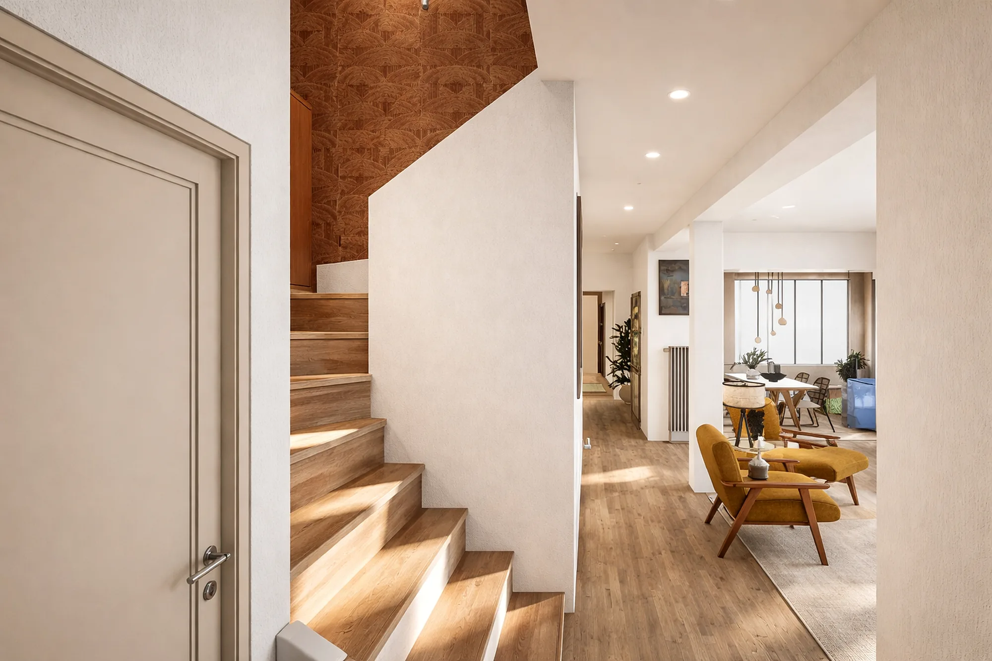 Entrée et escalier en chêne, ouvert sur le séjour