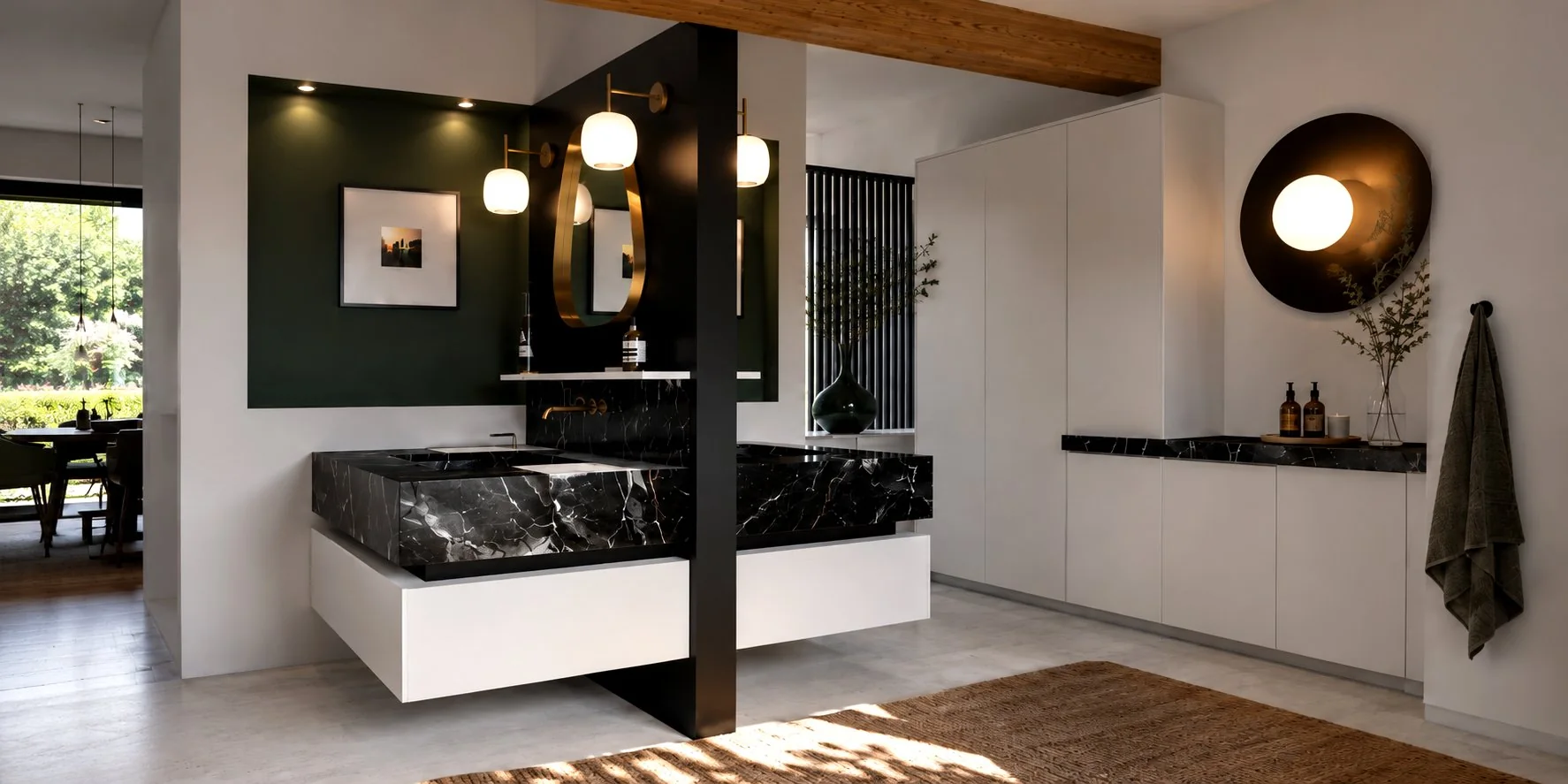 Salle de bain avec double vasque en marbre noir, mur vert profond et miroirs laiton