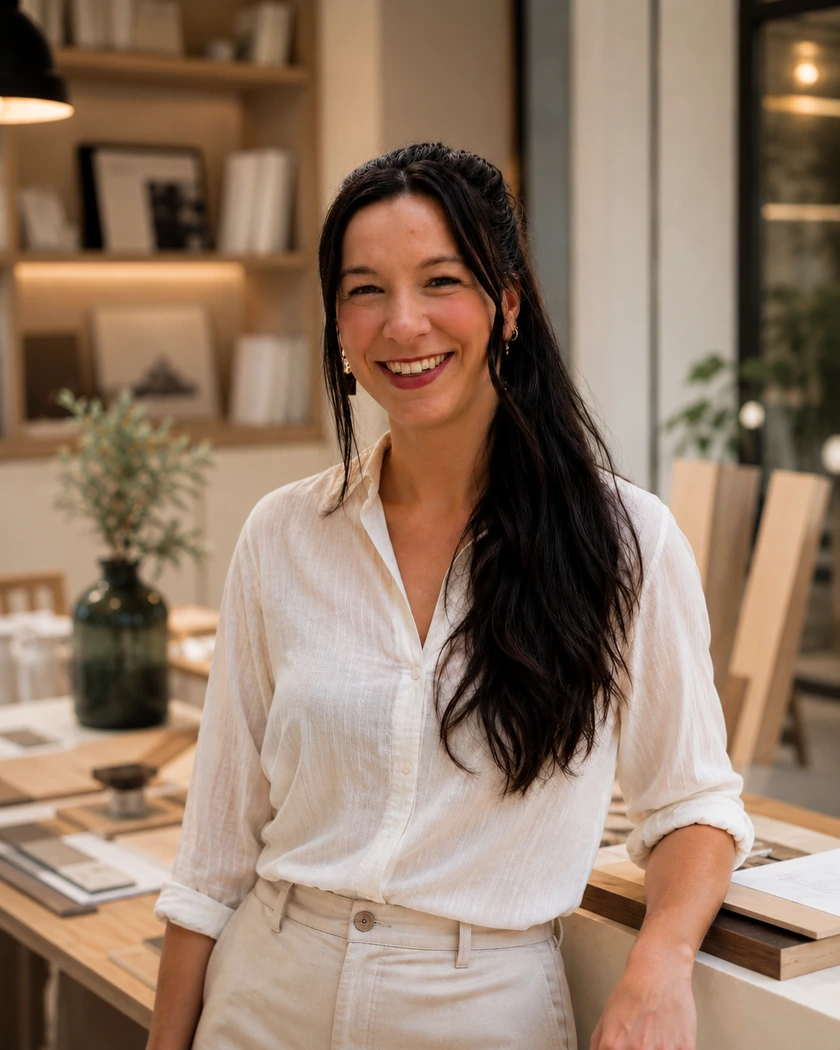 Julia, fondatrice de J'magine, dans son atelier devant ses échantillons de matières