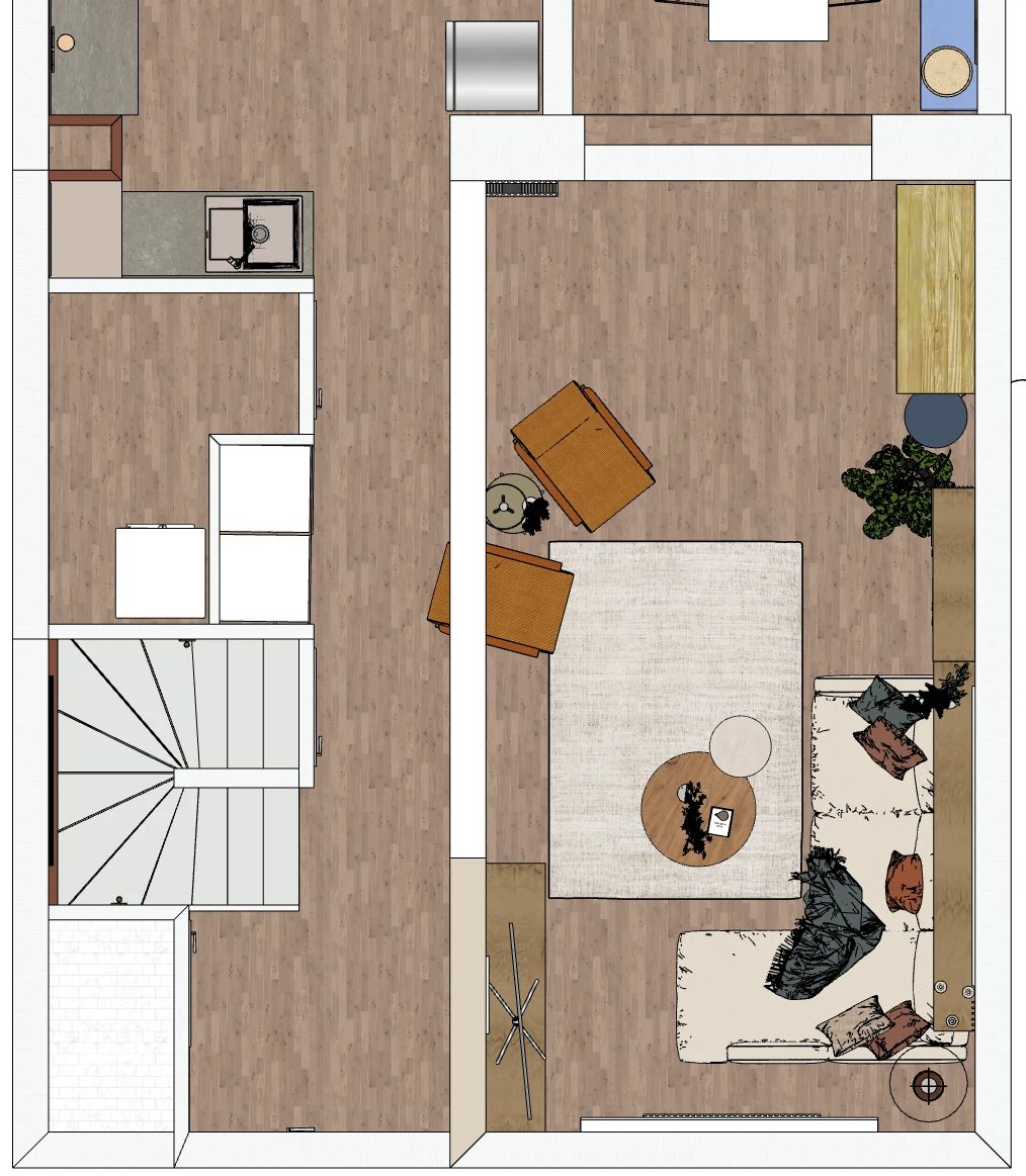 Plan d'aménagement du séjour et de la cage d'escalier