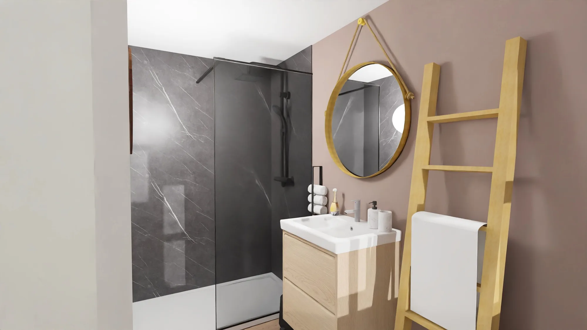 Salle de bain avec douche à l'italienne en marbre noir et miroir laiton