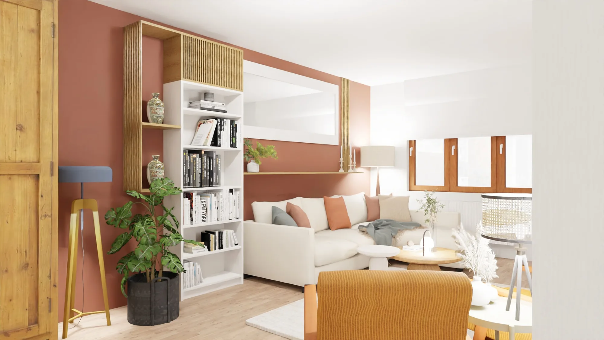 Bibliothèque sur mesure en chêne et laque blanche sur mur terracotta
