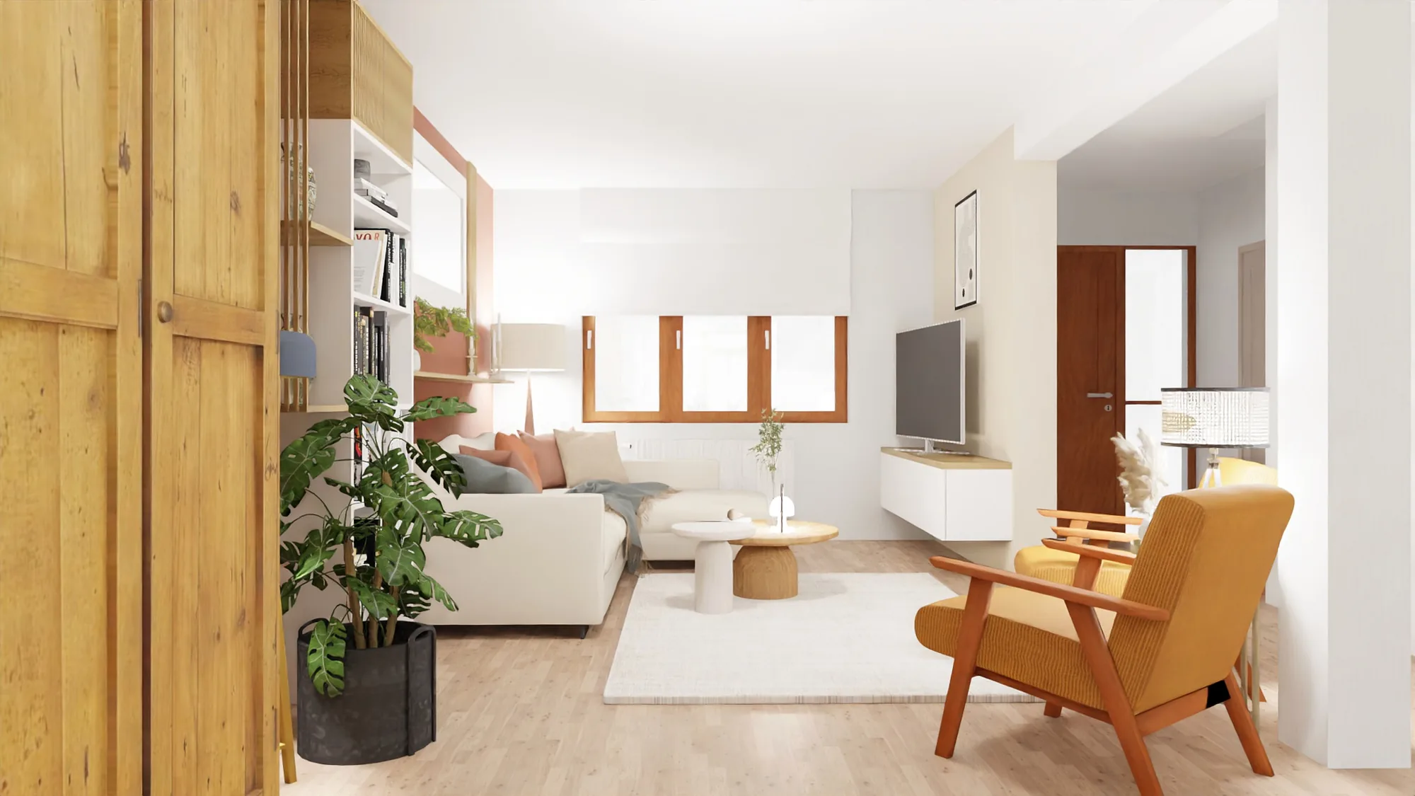 Séjour avec mur terracotta, bibliothèque sur mesure et fauteuils moutarde